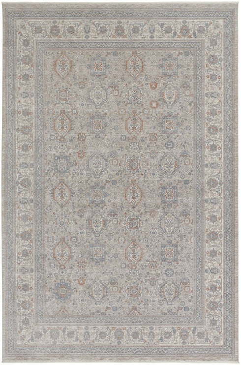 7' X 10' Silver Taupe and Blue Oriental Power Loom Worn Faded Area Rug With Fringe